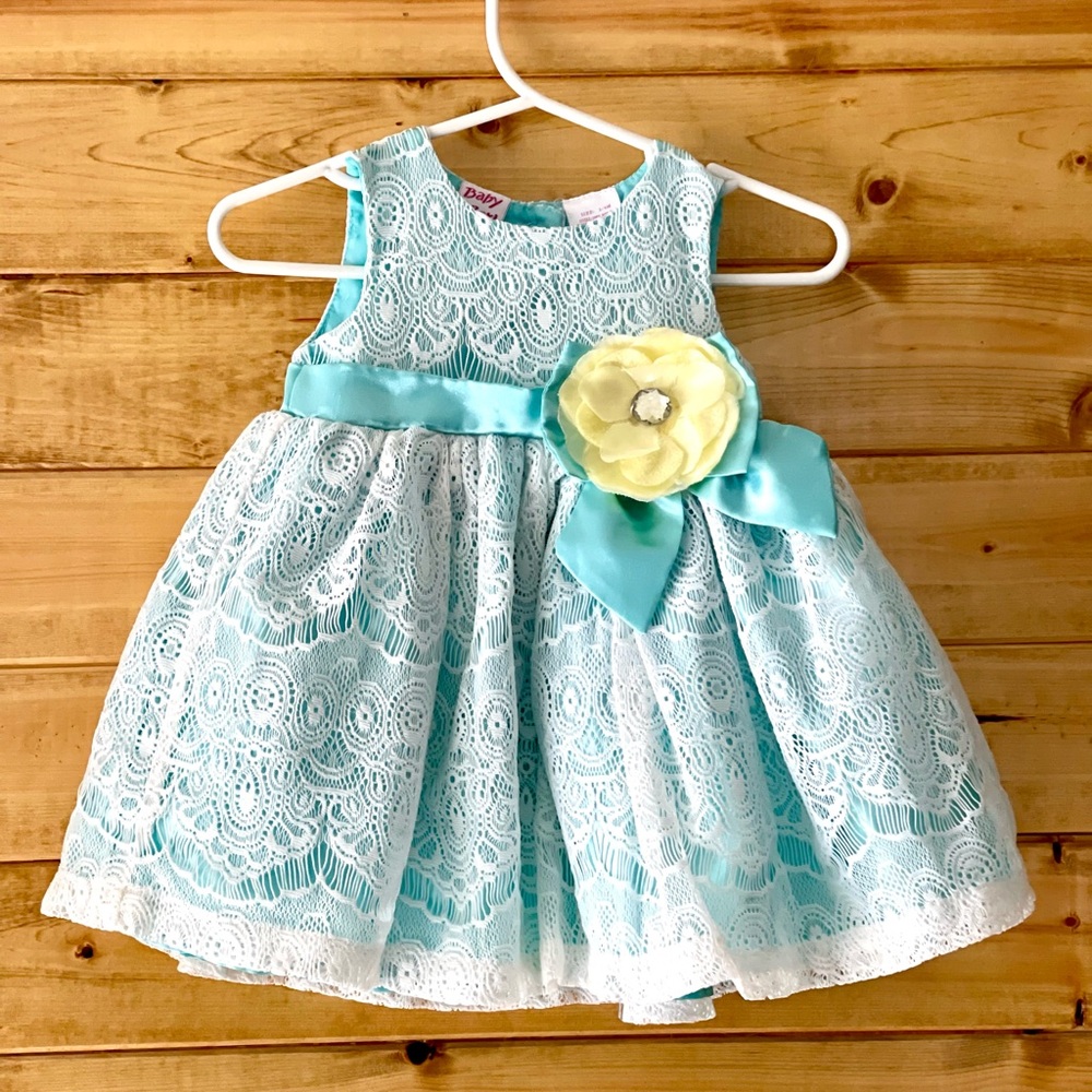 Aqua & White Lace Party Dress 3-6m